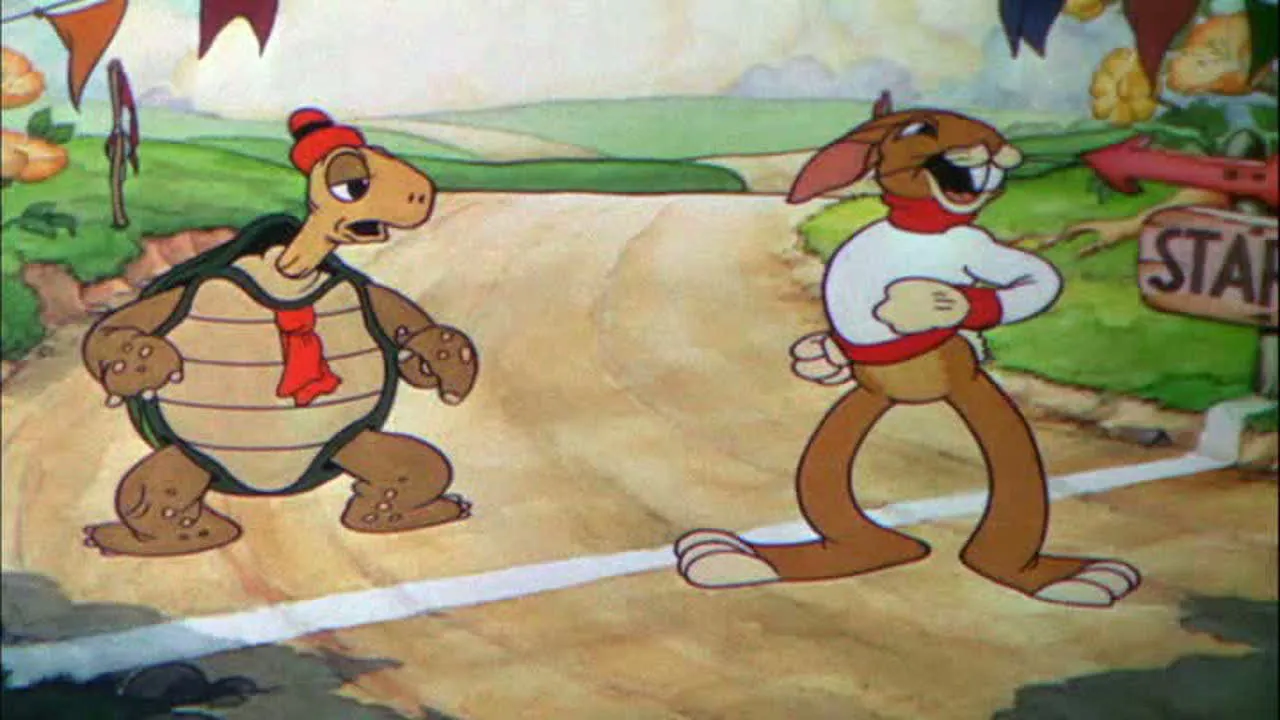 Dessin animé ancien du lièvre et de la tortue sur la ligne de départ d'une course